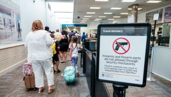 Florida, Fort Lauderdale, Airport TSA security screening checkpoint, information sign about firearms