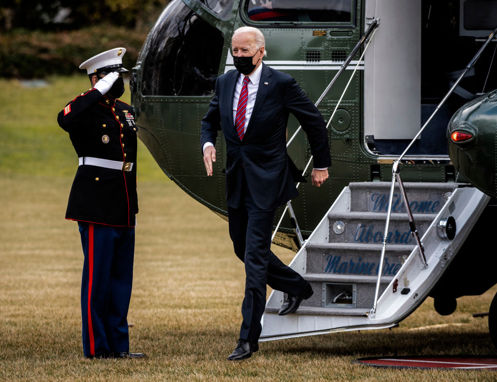 President Joe Biden arrives back at the White House on January 29 in Washington, DC.
