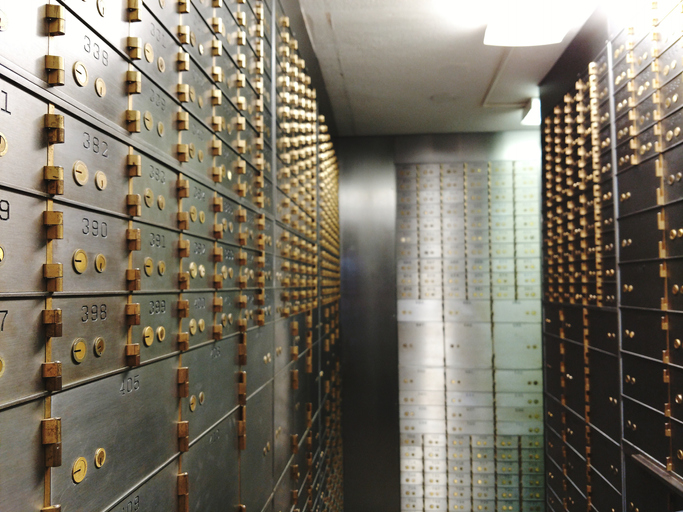 Interior Of Illuminated Safe Deposit Vault.