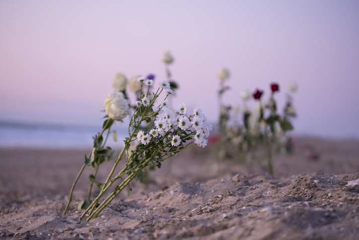 Funeral Flower, Roses And Daisy Flowers At The Beach, Water, Burial At Sea. Funeral, Condolence Card