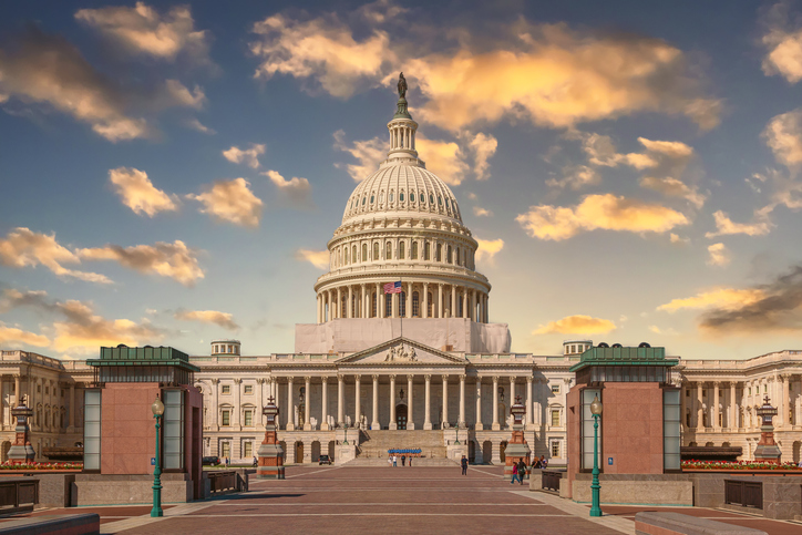 East Façade of the US Capitol Building at Sunset, Washington DC, USA.