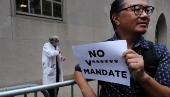 Protestors Rally Against Vaccination Mandates For Hospital Workers In NYC