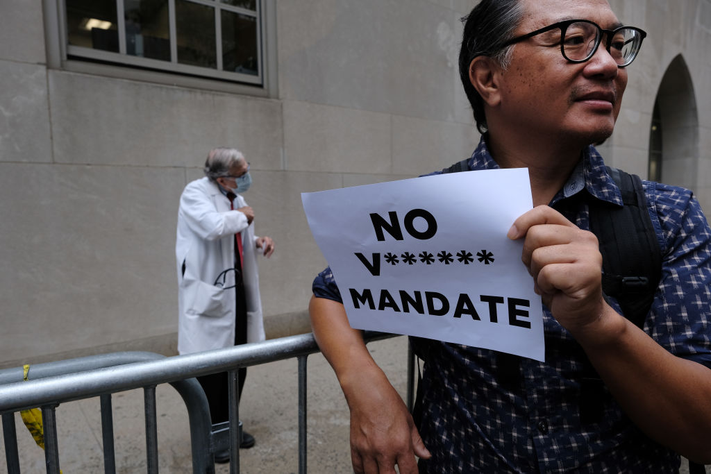 Protestors Rally Against Vaccination Mandates For Hospital Workers In NYC