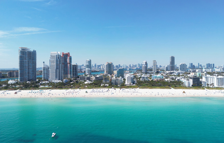 Miami Beach. Skyline aerial view. Miami city. Tropical coastal Miami scene. Miami district sky view. Famous oceanfront. Panoramic coastline. South beach panorama view.