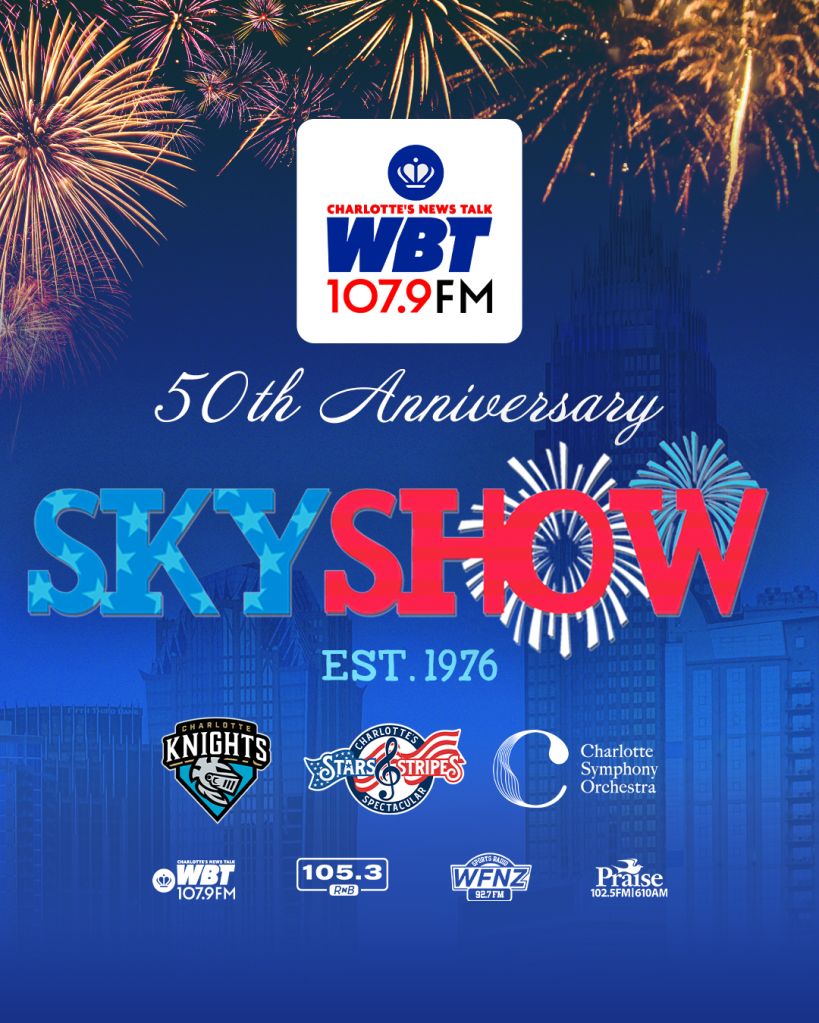 Fireworks display over a city skyline, with the 50th anniversary logo for the WBT 107.9 FM radio station and associated Charlotte-area brands and media partners.