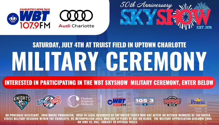 50th anniversary Sky Show event poster with military ceremony details at Truist Field in Charlotte, North Carolina on July 4th.