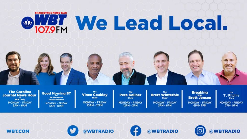 WBT 107.9FM radio station logo and on-air talent lineup, including "We Lead Local" slogan.