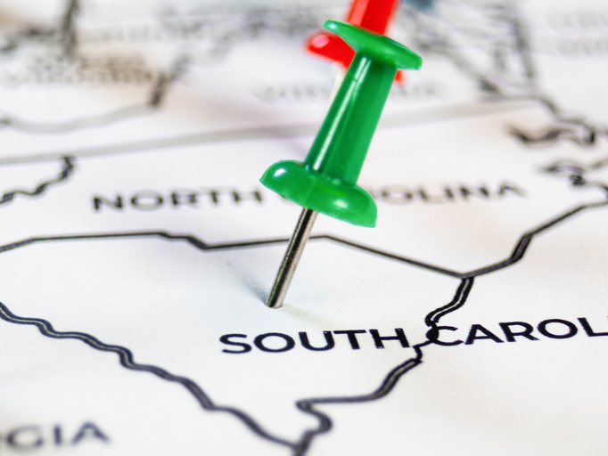 Macro shot of a green push pin on a paper map marking South Carolina. Neighboring state borders and a blurry red pin in the background symbolize East Coast travel planning and regional logistics.